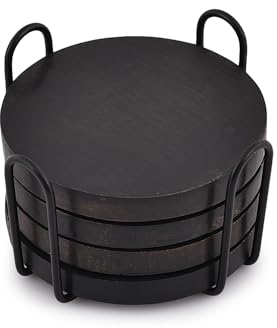 EDHAS Untersetzer aus Akazienholz, schwarz, 4 Stück, mit Eisenhalter, Couchtisch-Dekoration, Tischschutz, Dekoration (Untersetzer-Größe: 10,2 x 10,2 x 1,3 cm, Haltergröße: 11,4 x 11,4 x 7 cm)