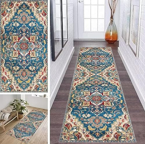 ZDYHMrj Läufer Teppich Flur Küche Waschbar rutschfest 50 * 100cm, Marokko Boho Style Blau Lang Teppichmatte Dauerhaft Fur Korridor Wohnzimmer Schlafzimmer Meterware Anpassbar