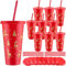 Sliner Weihnachtsbecher mit Deckel und Strohhalm, 680 ml, Kunststoff, wiederverwendbar, Weihnachtsbaum und Rentier, Wasserflasche, Weihnachtsfeier, Becher für Weihnachtsfeier, Geschenk, Rot, Gold, 10