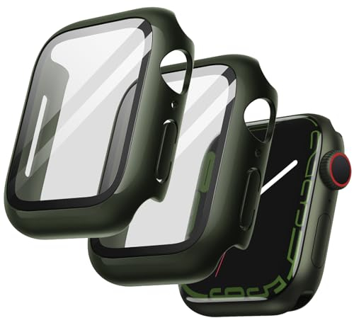JETech Cover con Pellicola Protettiva per Apple Watch Series 9 8 7 45 mm, Custodia Protettiva Complessiva, Pellicola Integrata in Vetro Temperato ad Alta Sensibilità, 2 Pezzi (Verde)