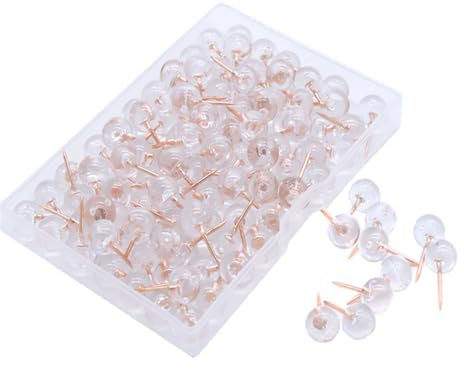 OSUWLSI 100 Stück transparente Reißnägel, Länge 16 mm, Flachkopf-Pinnwandnadeln Roségold, Dekoration mit Kunststoffbox für Wand, Pinnwand, Weltkarte (Kopfdurchmesser 11 mm)