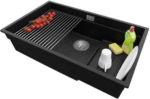 PRIMAGRAN Spülbecken Schwarz Metallic 76x47cm, Granitspüle 1 Becken + Ablauf-Set + Aufrollbare Abtropffläche, Küchenspüle ab 80er Unterschrank - Praga Slim S378