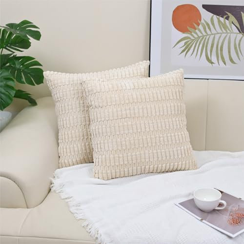 NSXIN Kordsamt Kissenbezug Weiche Gestreifter Kissenhülle 2er Set Dekorative Sofakissen, Couchkissen Moderne Zierkissenbezug Kuschelkissen für Schlafzimmer Wohnzimmer (40x40cm,Beige)