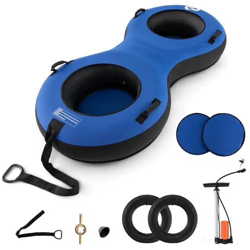 COSTWAY Aufblasbarer Schlitten, 200cm Langer Schneereifen für 2 Personen mit abnembarer Schleppleine & Reifenpumpe, Schneeschlauch Rodelreifen für Kinder & Erwachsene, 400kg Belastbar (Blau)