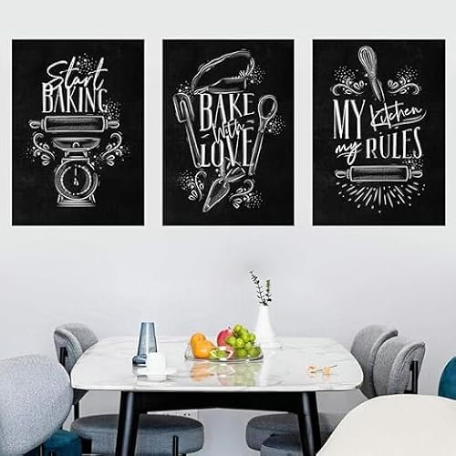 ORCOW Wandkunst-Poster, Gemälde, „My Kitchen My Rule“-Wandbild, Leinwandgemälde, Schwarz-Weiß-Backen-Zitat, Kunstdruck, Poster, Kaffee-Dessert, Heimdekoration, Vintage-Vogue, 40 x 60 cm