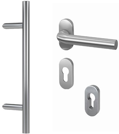 BASI | Komplettset für Haustür aus Edelstahl | Stoßgriff mit Beschlag und Abdeckungen | Haustürgriff Stangengriff | Länge: 1200 mm - Abstand: 900 mm