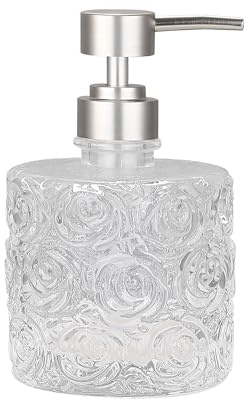 Marcella Seifenspender aus Glas mit Seifenpumpe, nachfüllbar, 400 ml Fassungsvermögen, Blumenmuster, Rosenmuster, schweres Dickes Glas für Badezimmer, Premium-Küchenseifenspender, transparent