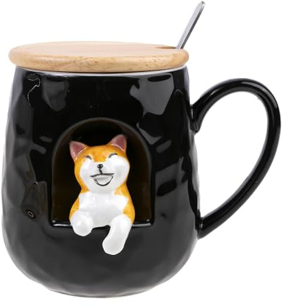 lachineuse – Taza para perro – Relief 3D – Happy Dog – Porcelana, Madera, Metal – 380 ml – Con tapa y cuchara – Taza de café, té, chocolate y capuchino – Idea de regalo original