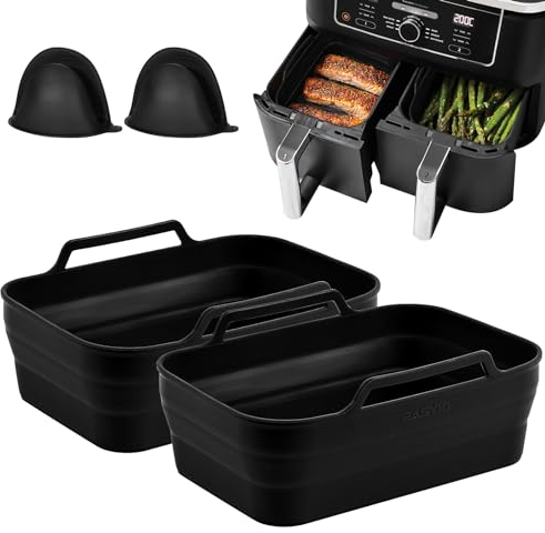 Easyki 2pack Foldable Silicone Air Fryer Liners for Ninja Air Fryer Dual, Ninja Air Fryer Accessories, Reusable Air Fryer Silicone Liner for Ninja AF451UK AF300UK AF400UK Tower T17088(Black)