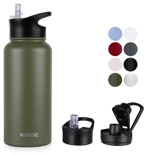 MURBONE Edelstahl Trinkflasche 1L, (+2 Deckel)-mit Strohhalm,BPA frei,Thermosflasche Auslaufsicher,Kohlensäure Geeignet,Thermoskanne Vakuum Doppelwandisolierung für Sport, Reisen, Camping