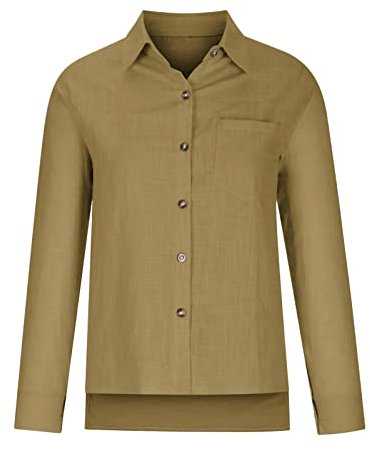 NRTOTI Lässiges Langarmhemd für Damen mit Revers und Krawatte und Tasche Hemd Sale Damen Oberteile Leinen Longbluse Leinenhemd Damen Sommer