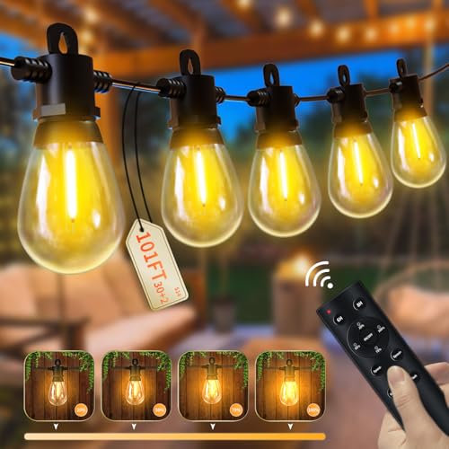 Pogestrand LED Lichterkette Außen 30M mit Fernsteuerung, S14 100FT Outdoor Lichterkette mit 30+2 IP65 Wasserdicht Lichterkette Glühbirnen, Garten für Terrasse Balkon Hof, Warmweiß 2700K