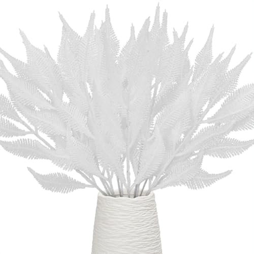 12 rami artificiali glitterati di Natale, 39 cm, scintillanti foglie finte spray, piume per albero di Natale, decorazioni per albero di Natale, ornamenti, composizioni fai da te, ghirlande (bianco)