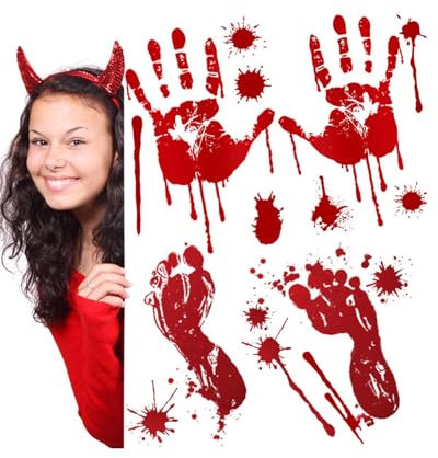 12 Stück Halloween Deko Fensterbilder Horror Blutige Handabdrücke Fußabdruck Selbstklebend Wandaufkleber Fenster Tür Aufkleber Wandsticker Dekorations Party Fensterdeko Wanddeko DIY Halloween Deko