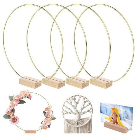 Mailfull Metallringe Zum Basteln 4 Stück 20 cm Metallring mit 4 Stück Holzständern für Hochzeitskranzdekor Tischdekoration Wandbehang Blumen Makramee