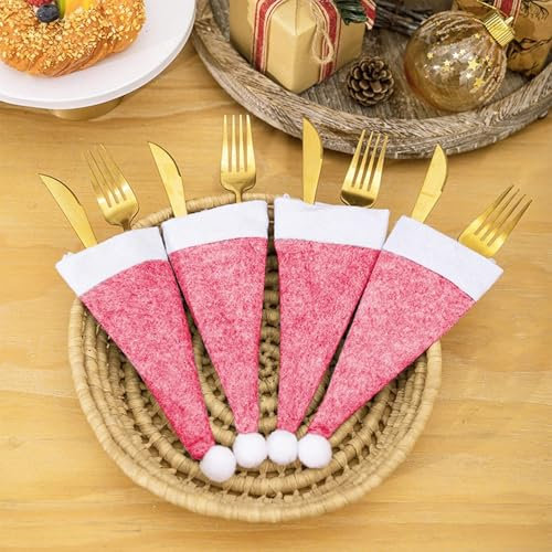 15 Stück Mini Weihnachtsmütze,Weihnachtsmann Mütze Besteckhalter, Mini Xmas Rot Weihnachtsmann Hüte für Besteck Flasche Lollipop Weihnachtsbaum, DIY Party Tischdekoration (Rosa, 15pc)