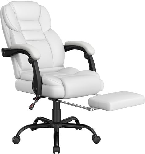 Yaheetech Chaise Bureau Ergonomique Fauteuil de Bureau en Similicuir Confortable Large Coussin Hauteur Réglable Dossier Inclinable Siège avec Repose Pieds Blanc