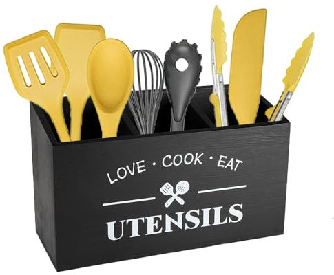 Gzsekken White Kitchen Utensil Holder,Farmhouse Utensil Organiser with 3 Compartment,Cutlery Caddy Drainage Bottom,Utensil Holder Wooden Kitchen Cooking Tools Storage for Countertop,Parties (Black)