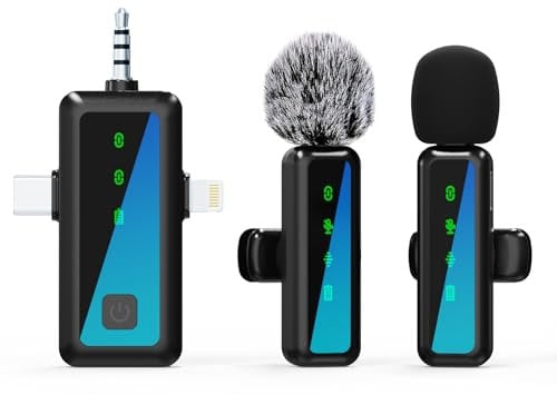 OSA Microfono wireless 3 in 1 per iPhone, mini microfono da bavero per iPad, Android, dispositivi fotografici, microfono lavalier wireless con display LED, micro USB C per registrazione video, Vlog,