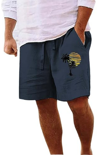 Herren-Lounge-Shorts, Baumwoll-Leinen, leicht, Sommer, Strand, Sport-Shorts, Kordelzug, atmungsaktiv, Urlaub, Surfen, Boardshorts, Jogginghose, navy, XL