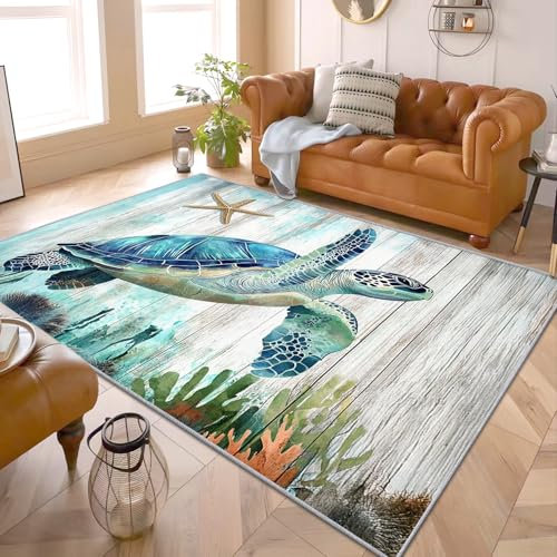 PaxGloz Küsten Deko - Teppiche Wohnzimmer Schlafzimmer Meeresschildkröte, Kleiner Teppich Blau Maritimer, Weich Kurzflor & Waschbar & rutschfest Fussmatte Innen, Kinderteppich 40x60 cm