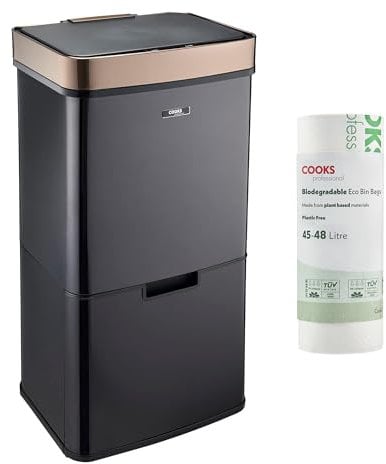 Cooks Professional Recycling Sensor Bin 75L with Dual Compartments and Removable Food Caddy for Kitchen | Smart Automatic Brushed Metal Bins | Includes 25 Biodegradable Bin Bags | Black & Copper