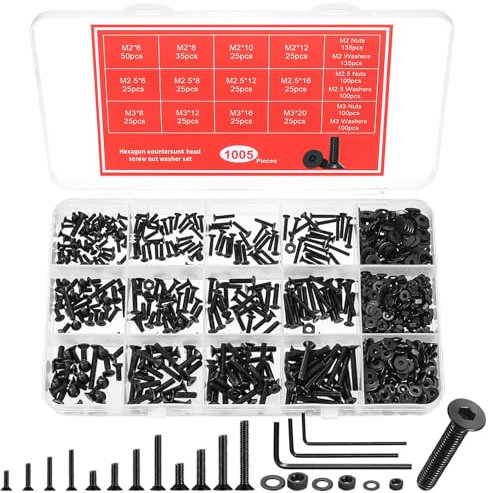 1005 Pcs M2 M2,5 M3 Vis Boulons et Écrous et Rondelles Set, vVis à Tête Fraisée à Six Pans Creux, Boulons à Tête Creuse Hexagonale, Vis à Tête Plate Assortiment Kit, Noirs