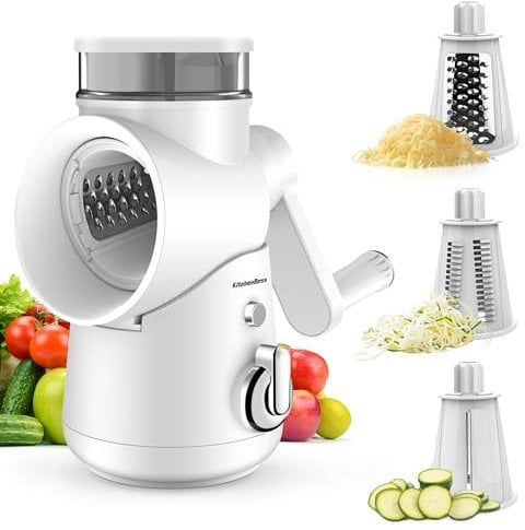 KitchenBoss Rapeuse Legume Manuelle,Rape Fromage:Coupe Légumes Multifonctionnel 3 en 1,avec Manivelle et 3 Lames de Rechange,peut être utilisé pour une large gamme de Fruits et Légumes,Blanc