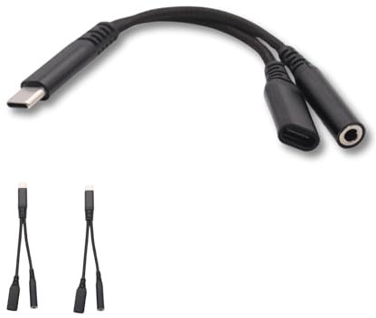 USB-C to 3.5mm Headphone Jack & Charger Splitter – 2-in-1 Audio and Charging Adapter – 13.5cm Cable – USB Type-C Aux Dongle for Lenovo Yoga Slim / ThinkPad X1 Carbon / IdeaPad 5 Pro BLACK (2 Pack)