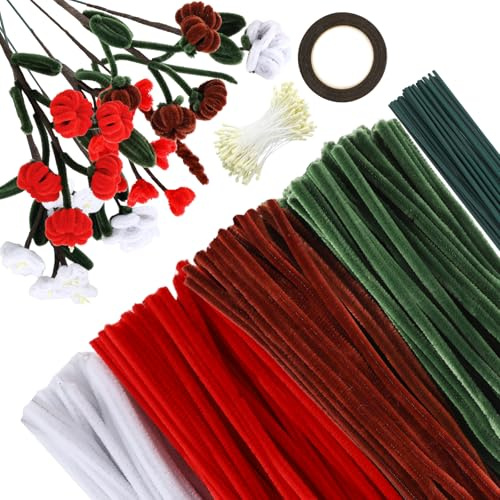 300 Stück Pfeifenreiniger Weihnachten, Pfeifenputzer zum Basteln, 30cm Chenilledraht, Pfeiffenputzer Bastelset für DIY Handwerk und Weihnachtsdekoration (mit Eisendraht, Gelbe Kunstblumen, Klebeband)