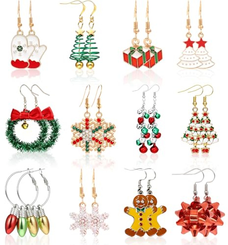 Spetsbst 12 Paar Ohrringe Weihnachten, Weihnachtsbaum Weihnachten Ohrstecker Set Weihnachtsohrringe Cute Weihnachts Accessoires, Weihnachtsschmuck für Mädchen Damen Geschenke