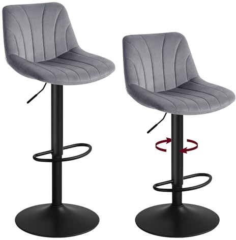 VASAGLE Bar Stools Set of 2, Adjustable with Backs, 360° Swivel | Velvet, Metal Footrest, for Kitchen Dining Reception, Slate Gray and Matte Black, TYRA Collection LJB161GN02