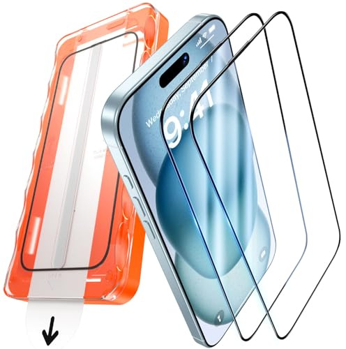 UniqueMe für iPhone 15/16 für Panzerglas, 9H-Härte - 2 Stück Schutzfolie | Full Screen Displayschutz für iPhone 15/16 Folie, Auto Installation Bruchsicher Militärniveau Anti-Kratzer Bläschenfrei