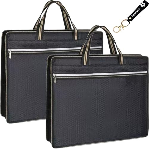 ZenyTra 2er Set A4 Dokumententasche aus Oxford-Stoff mit Fußball Schlüsselband - Wasserdichte Aktentasche mit Tragegriff, Expander-Funktion & Tablet-Fach für Büro, Reise & Schule - Schwarz