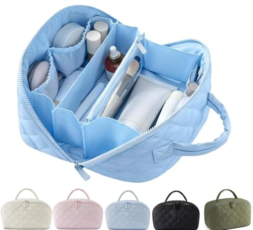 Travel Makeup Bag for Women – Large Capacity Waterproof Puffer Cosmetic Organizer, 180° Lay-Flat Toiletry Bag, Machine Washable Nylon Kulturtasche Damen with Handle (Blau)