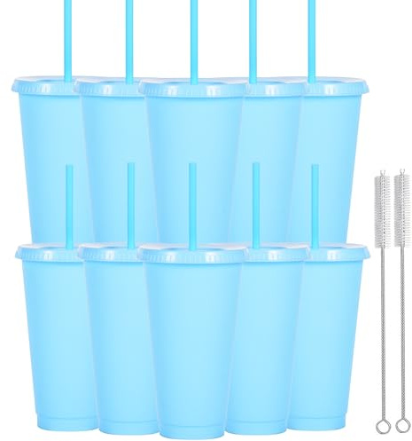 Yisituo 710ml Reusable Plastic Cups, 10 Pack Cold Cups with Lid and Straw, Tumblers Travel Mugs for Adults and Madam Party and Beach, Pool Gatherings (10, Light Blue)