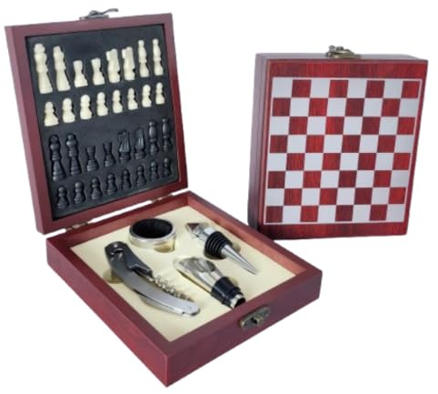 Set Accessori Vino in Scatola di Legno con Scacchiera – Cavatappi, Apribottiglie, Kit Sommelier Completo – Idea Regalo Elegante per Amanti del Vino e degli Scacchi