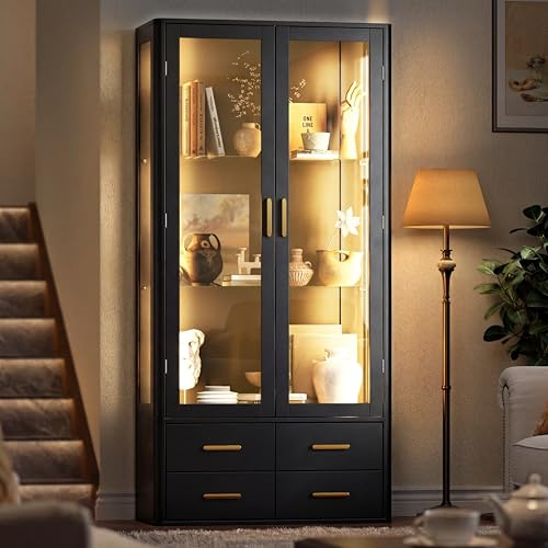 Gyfimoie Display Cabinets with Multi-Color LED Lights, Tall Curio Cabinet with Glass Doors, Modern Display Case with 4 Drawer and Adjustable Shelvees for Toys, Books, Collectibles
