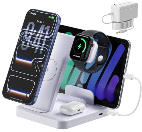Base de Carga inductiva 5 en 1, Cargador rápido inalámbrico 15W! Compatible con iPhone 17/16/15, Apple Watch 11/10/9/Ultra y AirPods Pro/4/3/2. Incluye 2 Cables de 15 cm + Adaptador de Corriente 36W