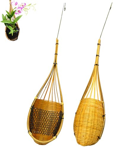 Orchideen-Hängepflanzgefäß mit Metallhaken, 2 Stück, gewebter Orchideen-Hängekorb aus thailändischem Bambus, Mehrzweck-Pflanzenaufhänger im Vogelnest-Stil für Innen- und Außenbereich, Gartendekoratio