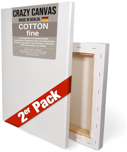 CRAZY CANVAS Leinwand zum Bemalen Cotton Fine 80x120 cm, 2er Pack | Dreifach grundierte Leinwand auf Keilrahmen - sehr feine Struktur, 270 g/m² - Premium Kunstbedarf Made in Berlin