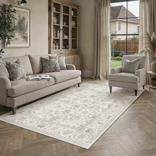 PureCozy Vintage Teppich Wohnzimmer Grau 120x170cm Teppiche Waschbarer | Schlafzimmer Waschbar Carpet,Kinderzimmer Rug,Rutschfest Carpets, Kurzflor,Bettvorleger,BüRo,Esszimmer,Groß Weich