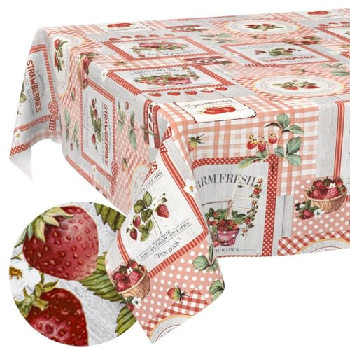Wachstuch Tischdecke abwaschbar Wachstischdecke pflegeleicht Lotuseffekt Outdoor Gartentischdecke Erdbeeren 140 x 100 cm (Rechteckig)