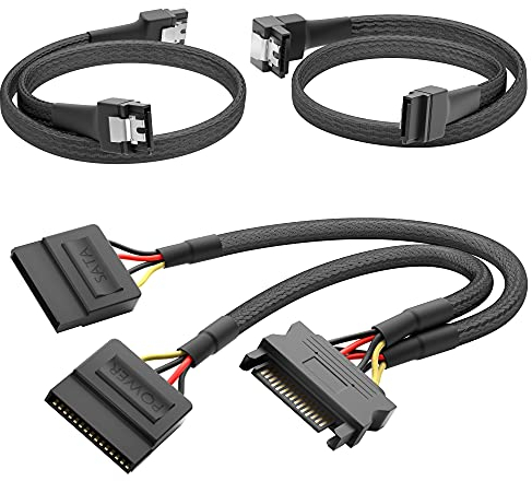 KabelDirekt – Juego de Cables (30cm 15 pines SATA a 2x 15 pines SATA cable de alimentación + 60cm 90° acodado + 60cm para conectar discos duros y reproductores (DVD, Blu-Ray))