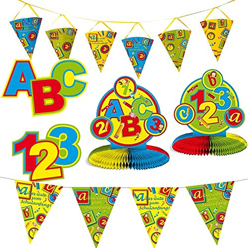 Folat/Carpeta 53-teiliges Dekoset * Schulanfang * für eine Party zur Einschulung // mit Wimpelkette + Girlande + Tisch-Dekoration + Konfetti + Luftballons // Schule erster Schultag Junge Mädchen