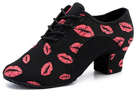 HIPPOSEUS Scarpe da Ballo Latino Donna Stringate con Punta Chiusa Tacco Basso Scarpa Allenamento da Ballo Moderno e Salsa, Labbra Rosa, Tacco 5 cm, 38 EU