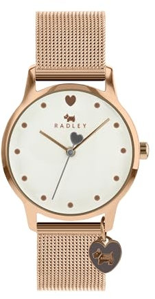 RADLEY Heart Dial Ladies Rose Gold Stainless Steel Mesh Strap Heart Charm Watch RY4368S