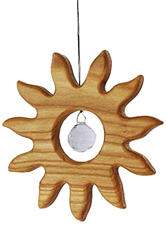 Decorazione per finestra in legno, 12 cm, piccolo sole con cristallo, decorazione in legno, decorazione per finestra