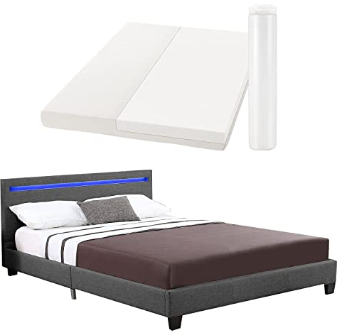 Juskys Polsterbett Verona 120x200 cm - Bettgestell inkl. LED-Beleuchtung, Lattenrost & Matratze - grau - Kunstleder - Einzelbett Jugendbett