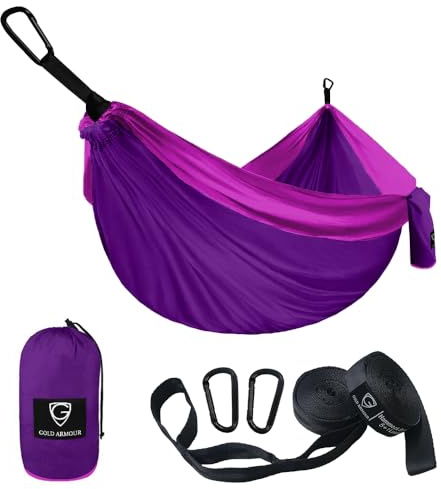 Gold Armour Camping Hammock - Portable Hammock Single Hammock Camping Accessories Gear for Outdoor Indoor Adult Kids, USA Based Brand (Purple and Fuchsia)
